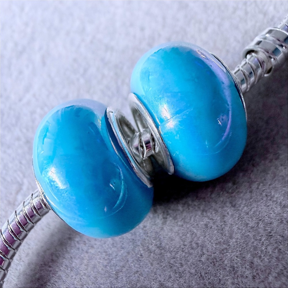 2 Turquoise Blue Iridescent Beads fits PANDORA Bracelet Charms Silver Core